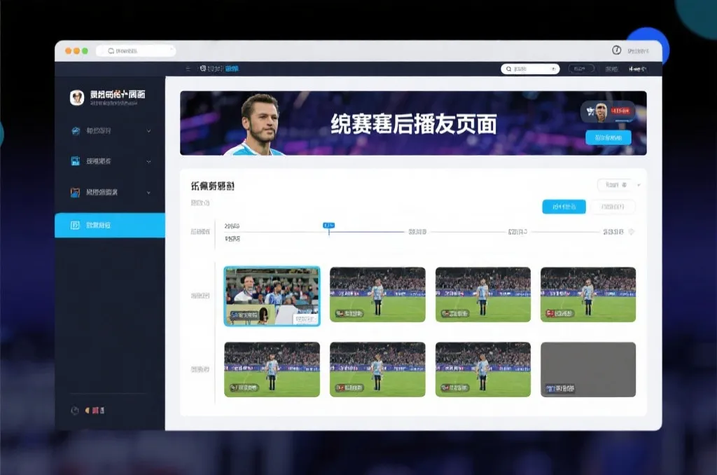 比赛结束后，电视屏幕展示集锦回放页面，旁边有时间轴和多角度切换提示